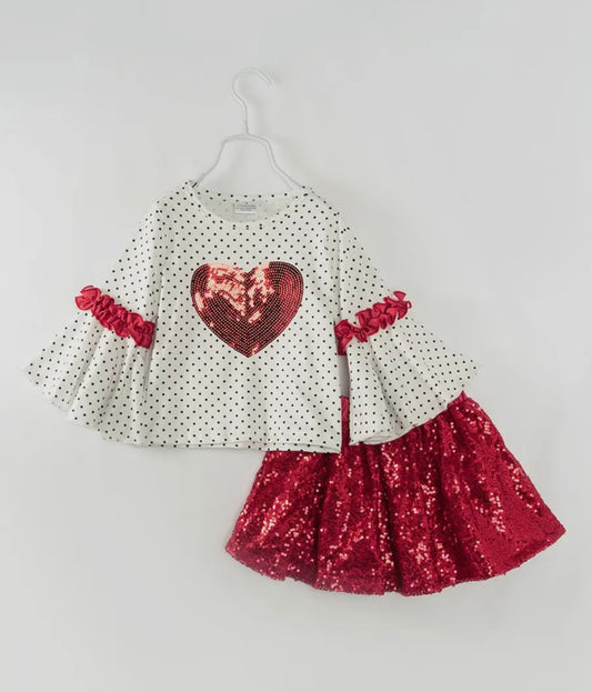 Red sequin heart skirt set
