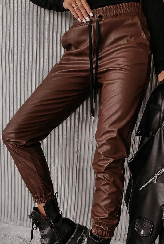 Lani brown faux leather joggers
