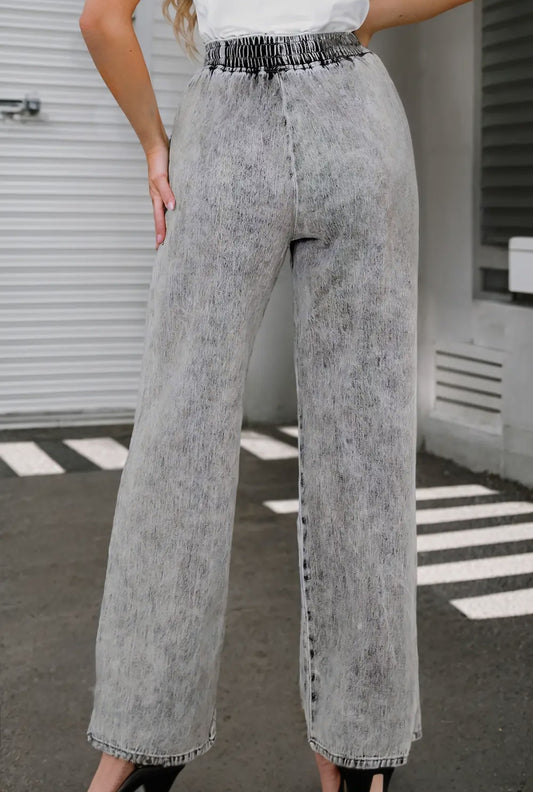 Elastic waist wide-leg denim pants