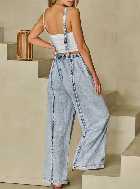 Frayed light wash denim overalls