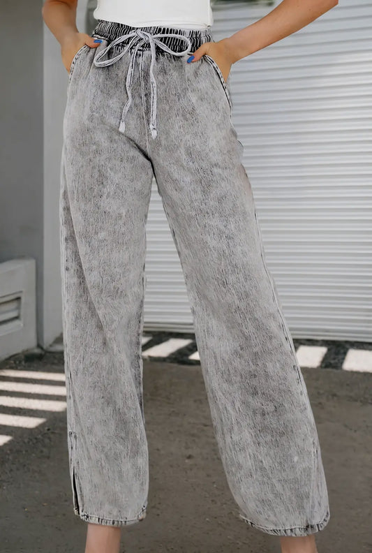 Elastic waist wide-leg denim pants
